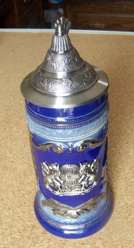 Bayern lidded stein Coat of Arms medallion Bavaria Germany themed cobalt blue