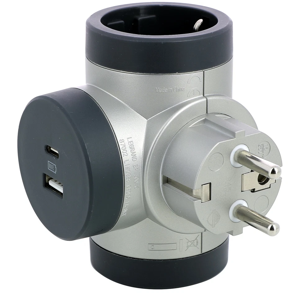 Legrand Schuko Steckdose 2-Steckdosenleiste Grau Verteiler T-Form USB A USB C
