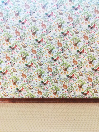 Dollhouse Kitchen Wallpaper Roosters Bunnies Ducks 1:12 Scale Country Springtime - Picture 2 of 3