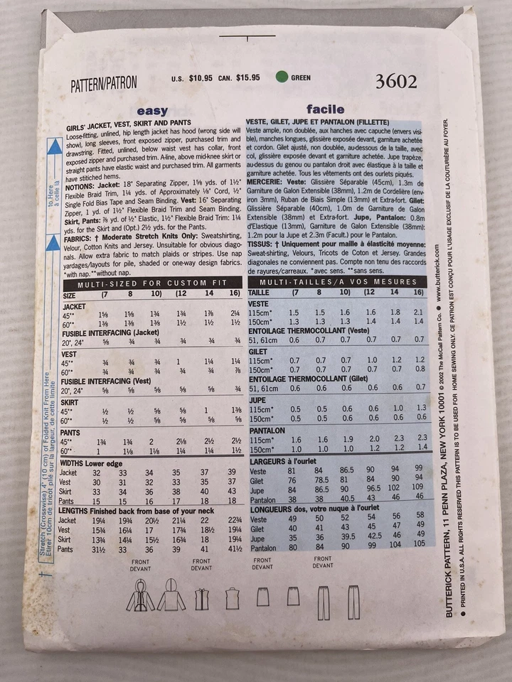 Butterick Sewing Pattern 3602 Girls Childs Jacket Vest Pants Size 7-10 Uncut - Image 2 of 3