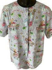 SB Fashion Scrubs Top Women's Medium Button Snap Two By Two Noah's Ark SS