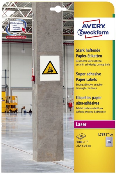 Avery Zweckform® L7871-20 L7871-20 Papier-Etiketten - A4, 3.780 StüCk, 25,4 X 10-image