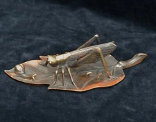 early 20th Century bronze model of a grasshopper and a snail on a leaf