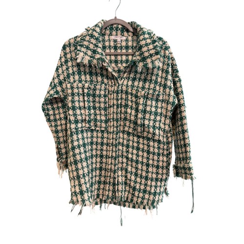 Cloud Ten Green Houndstooth Tweed Fringe Shacket Jacket Small E1 - Picture 3 of 7