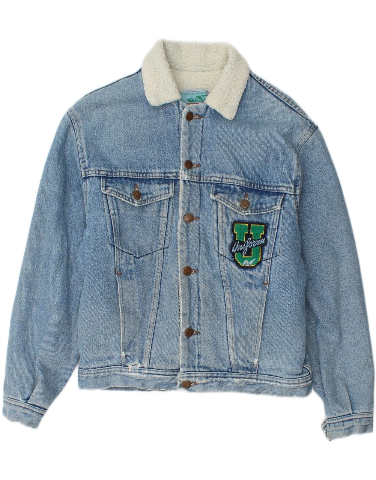 Uniform Mens Graphic Denim Sherpa Jacket UK 36 Small Blue BR30