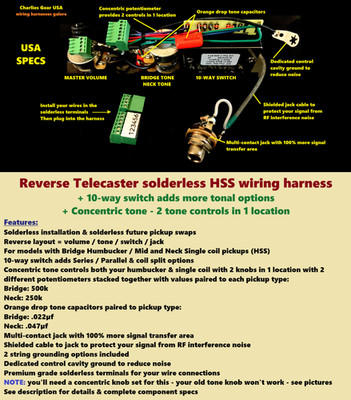 Reverse Telecaster Solderless 10-way HSS Wiring Upgrade +Concentric Tone