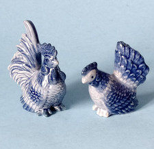 (340) Miniature Blue Delft Pottery Chickens # Hen & Rooster Figurines  5cm & 6cm