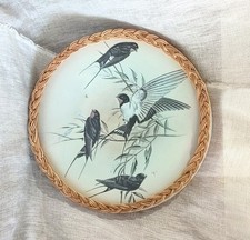 Vintage Retro Round Melamine Tray Woven Cane Wicker Birds Swallows