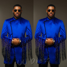 Velvet Men's Suits Royal Blue Tassel Tuxedos Formal Prom Long Jackets Blazers