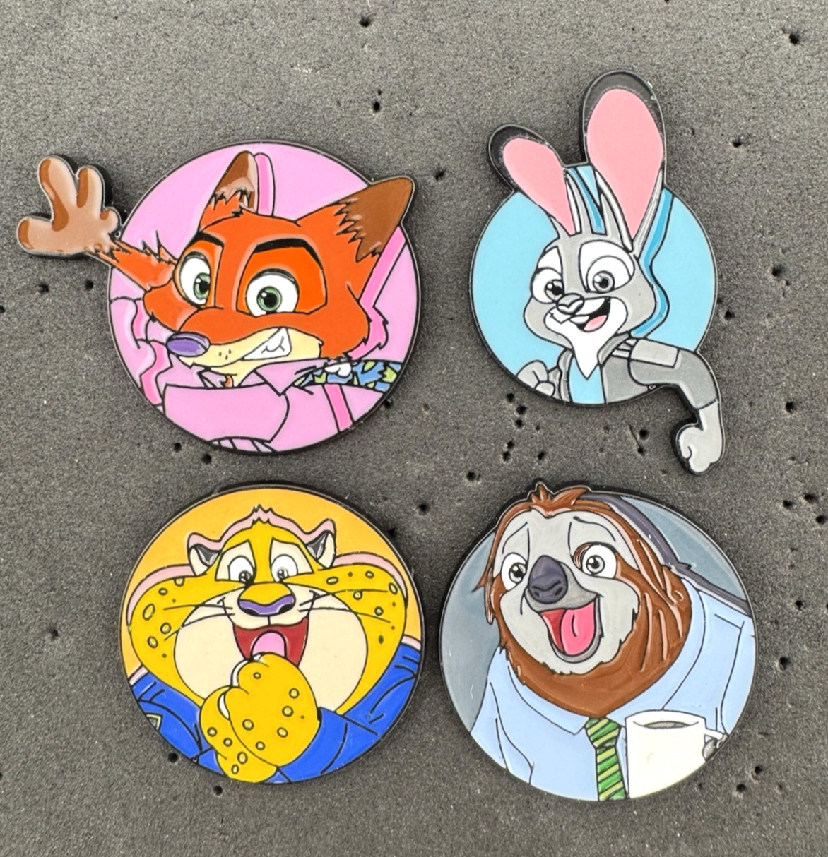 Zootopia 4 Pin Set Judy Hopps Nick Wilde Clawhauser Flash Sloth NEW Unofficial