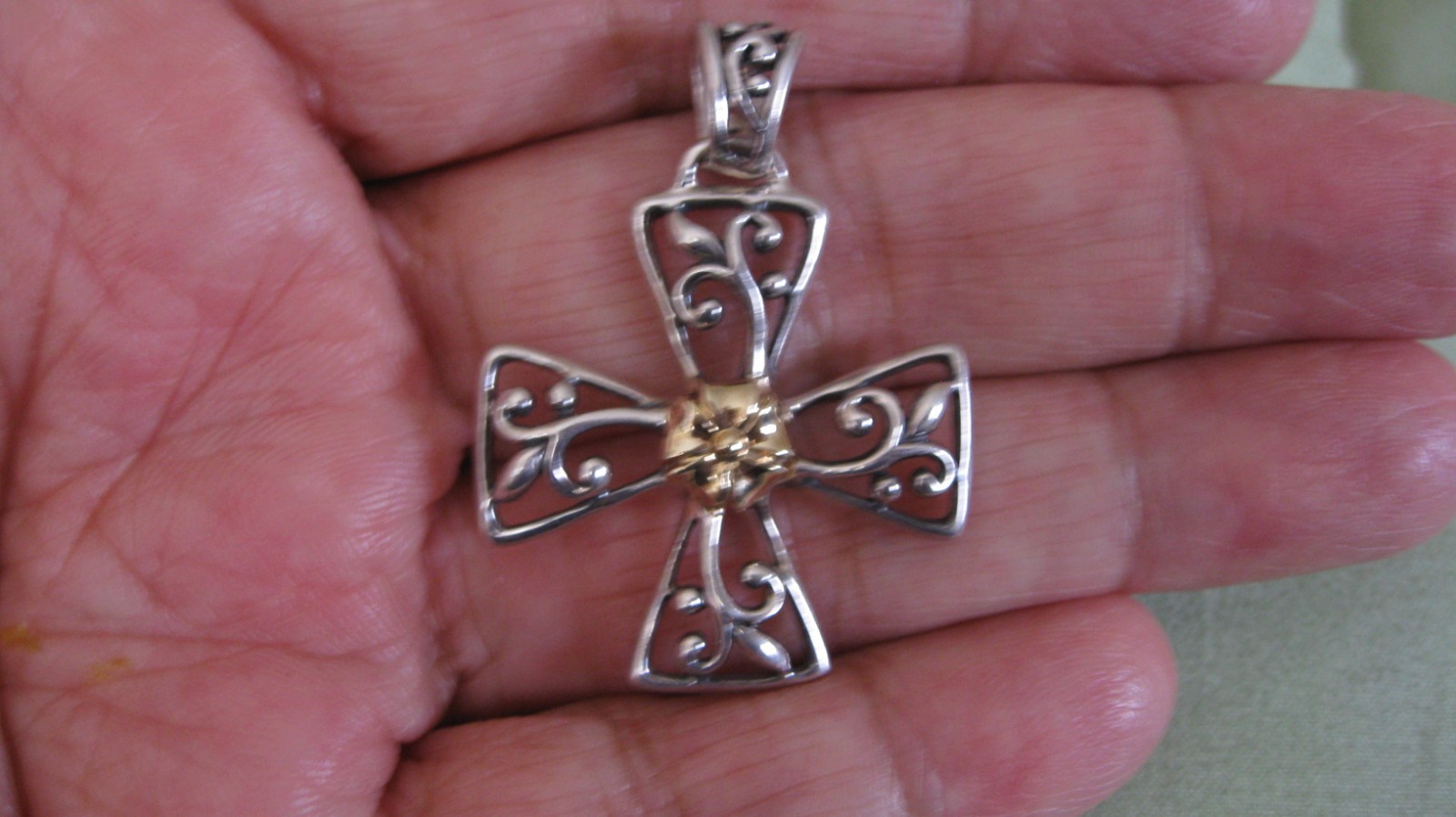 Sterling Silver Solid 14K Gold Cross large Pendan… - image 1