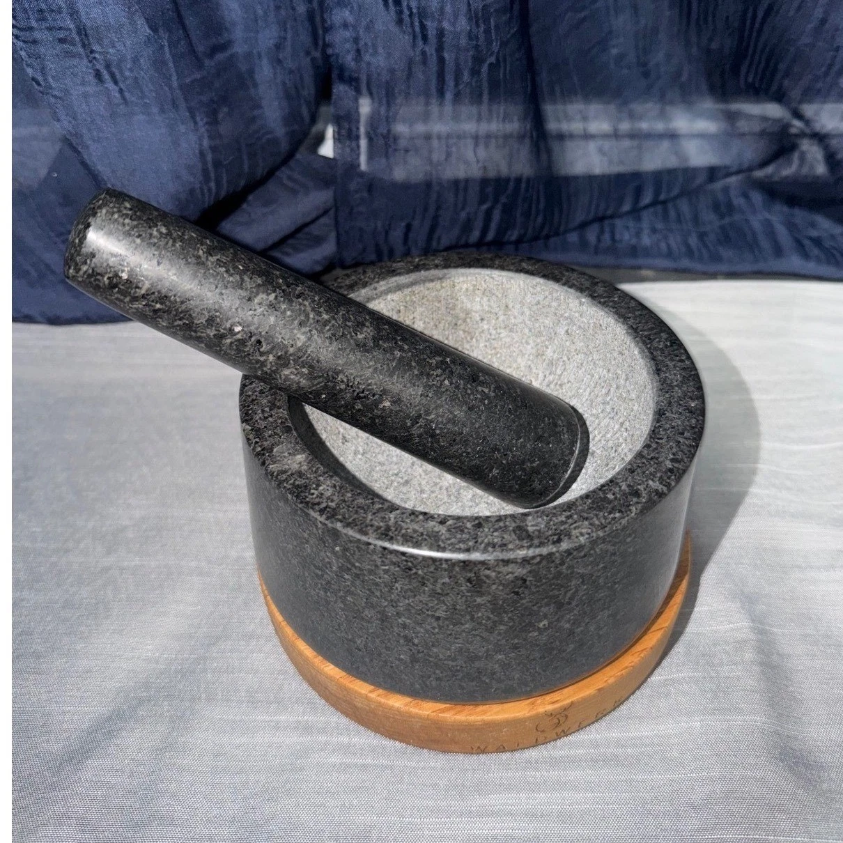 Waldwerk Mortar & Pestle Set Medium, Dark Gray Granite With Wood Base