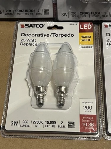 Satco S21818 LED Torpedo Light Bulb 3W=25W Frost E12 ( 10 Bulbs Total ) New - Picture 3 of 4