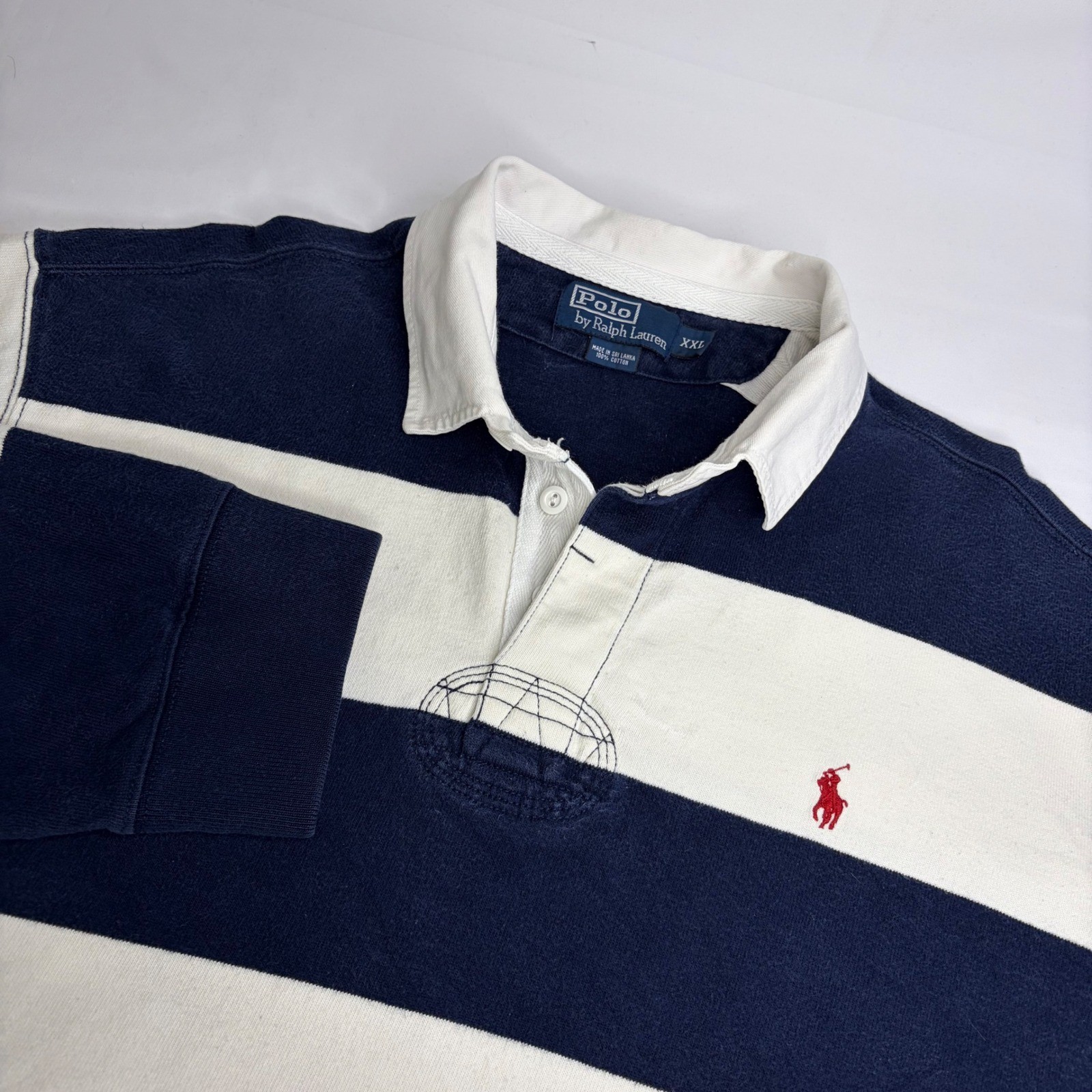 Vtg Polo Ralph Lauren Mens Rugby Shirt XXL Pony Logo Blue White Striped Preppy