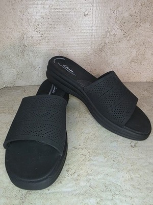 Clarks Drift Twist Wedge Sandals Women Sz 8.5M Casual Comfort Black Walking Shoe