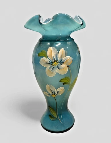 Fenton Hand Panited Vase Blue Floral 8.5 inches tall