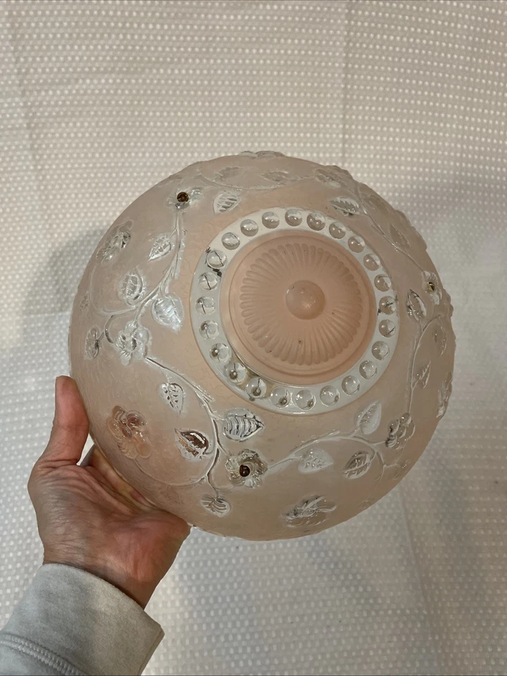 Vtg Ceiling Light Shade Glass Globe Frost Pink Clear 3 Hole W/Porcelain Fixture - Image 3 of 4