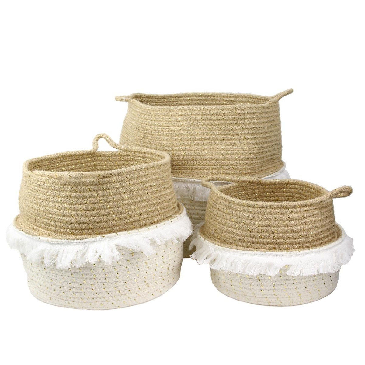 Lot de 3 paniers de rangement 35cm blanc avec franges en coton