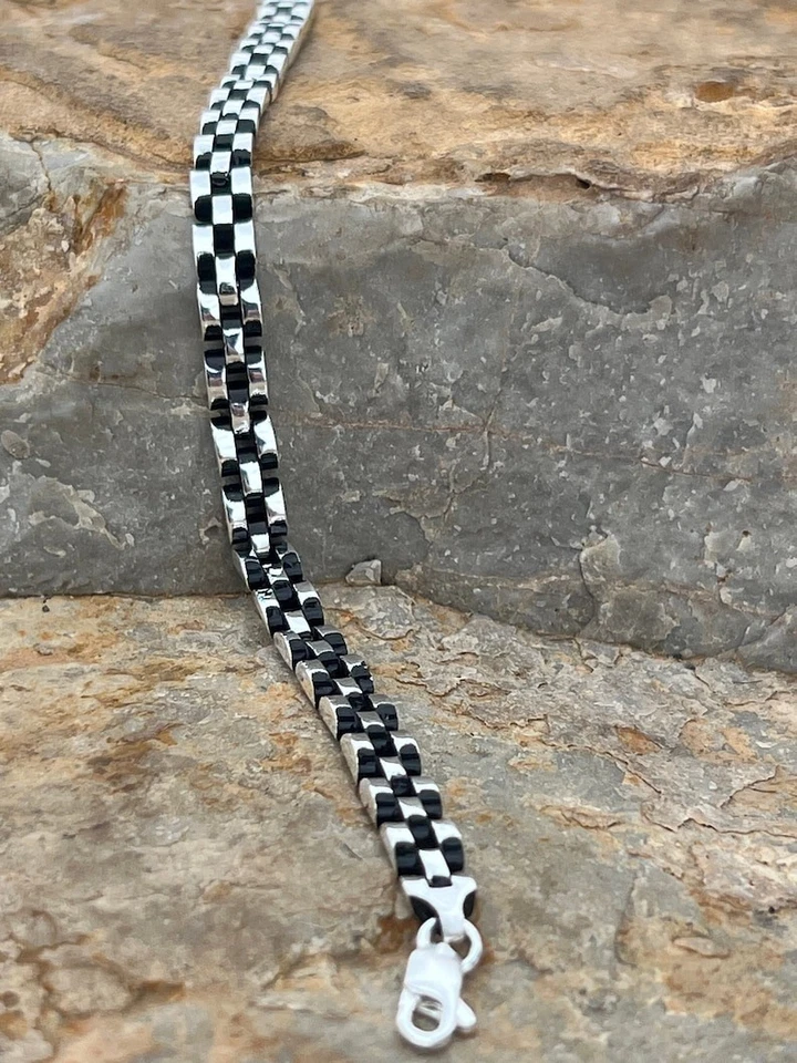 Mens Silver Thin Link Chain Bracelet Elegant Oxidized 925 Sterling Gift For Him - Image 4 of 4