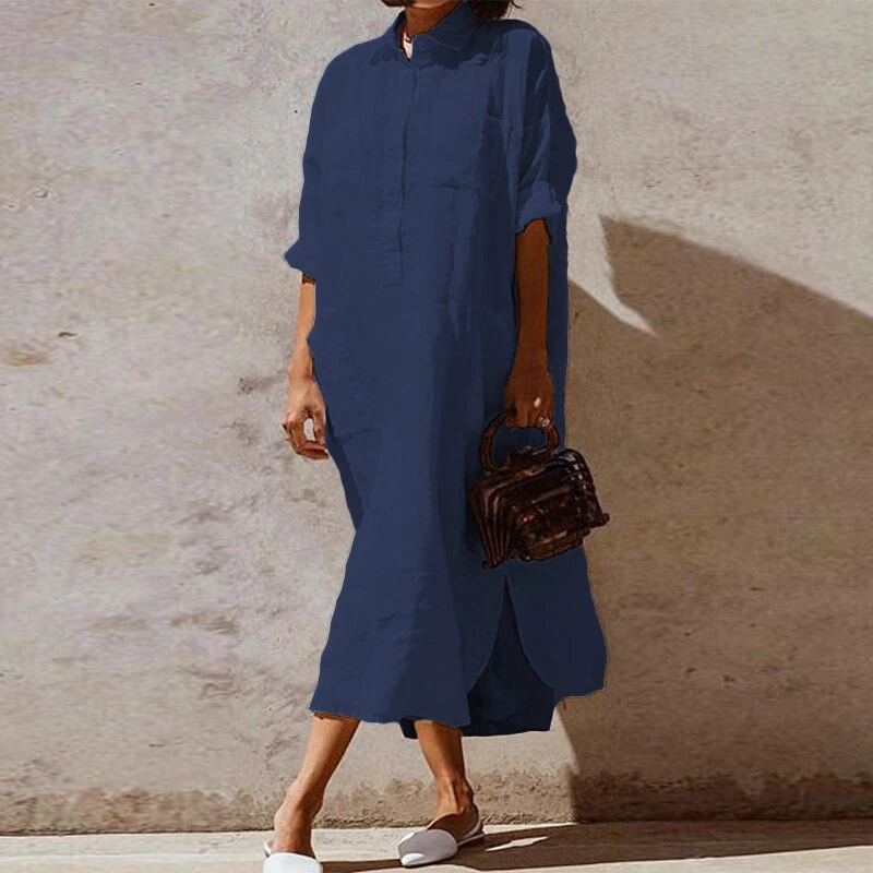 OFF WHITE Maxi abito da donna ZANZEA 100% cotone colletto oversize larghe larghe con bottoni