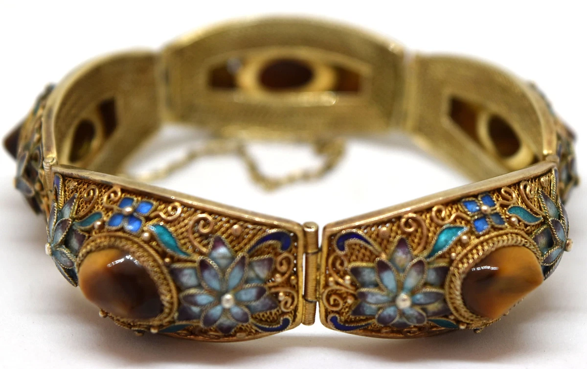Stunning Vintage Chinese Silver and Tiger Eye Filigree Enamel Floral Bracelet