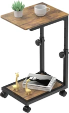 C Shaped End Table with Rolling Wheels, Height Adjustable Sofa Side Table for Sm