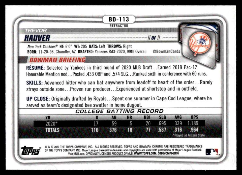 2020 BOWMAN CHROME REFRACTOR Trevor Hauver New York Yankees #BD-113 R15 - Image 2 of 2