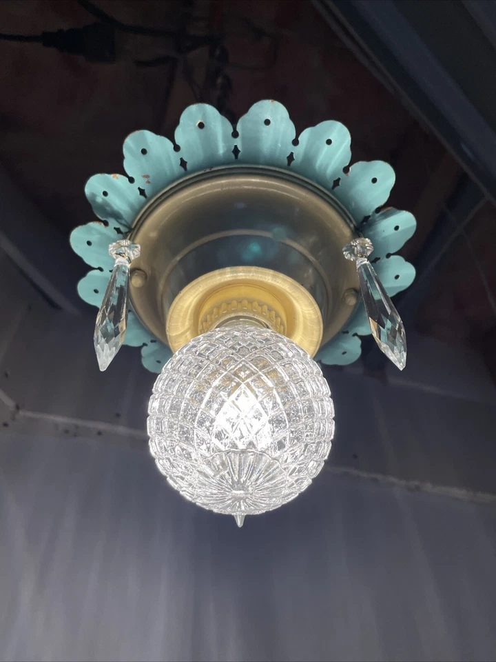 Antique Vtg Art Deco Flush Mount Light Crystal Single Bulb Sunburst 1920s 1940s - Image 3 of 4