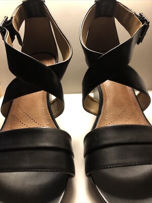 Clarks Artisan Womens Shoes Black Strap Wedge Heels Size 10 M Used GUC Comfort