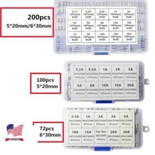 72/200x Assorted Glass Fuses 5x20mm 6x30mm Box Fuse Quick Fast Acting Tube Kit