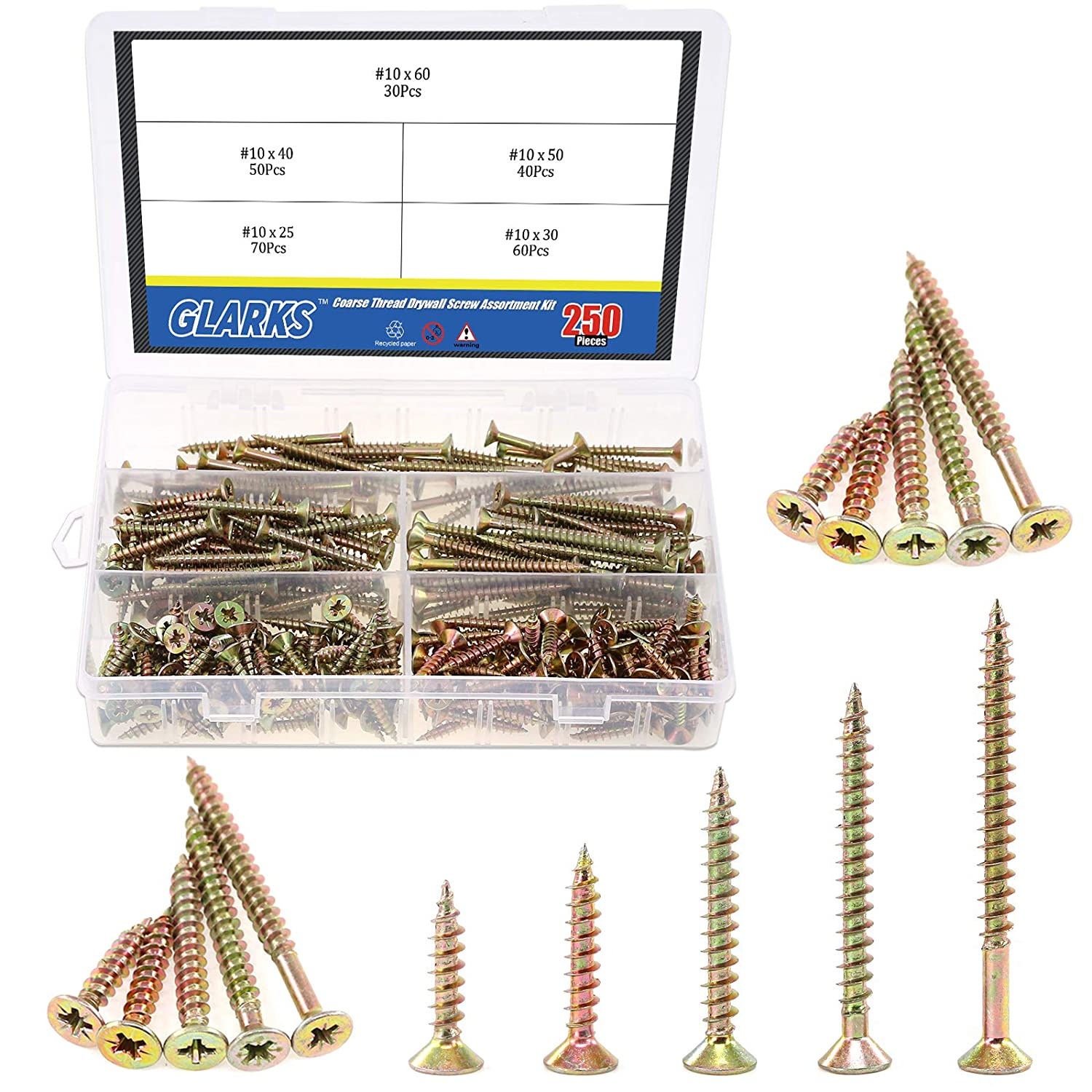 250Pcs 5 Size #10 Coarse Thread Phillips Drywall Screws with Bugle Head