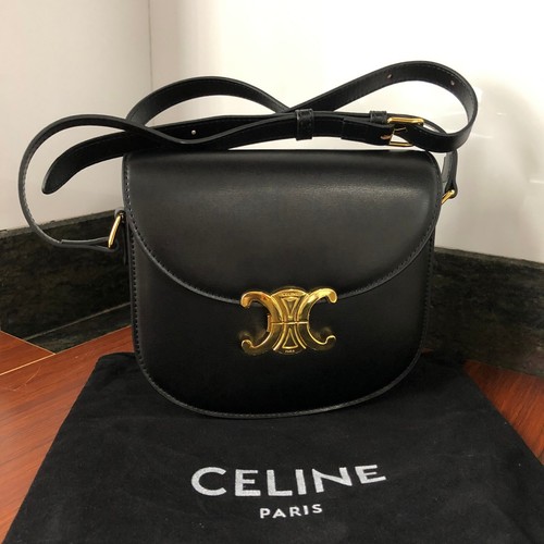 Authentic CELINE Triomphe black cowhide saddle shoulder bag