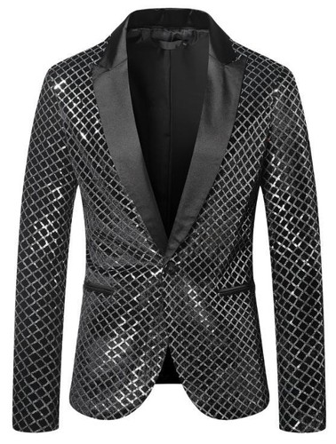 Chaqueta de lentejuelas para hombre con solapa de pico de un botón ajustado abrigo informal cárdigan elegante - Imagen 15 de 19