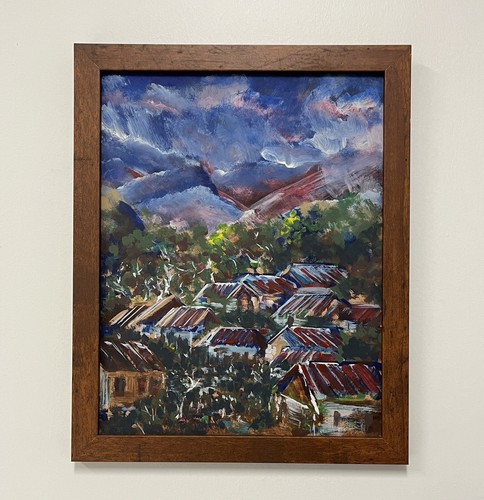 Pintura al óleo original Los techos rojos al atardecer nublado fauvismo paisaje marco - Imagen 5 de 6