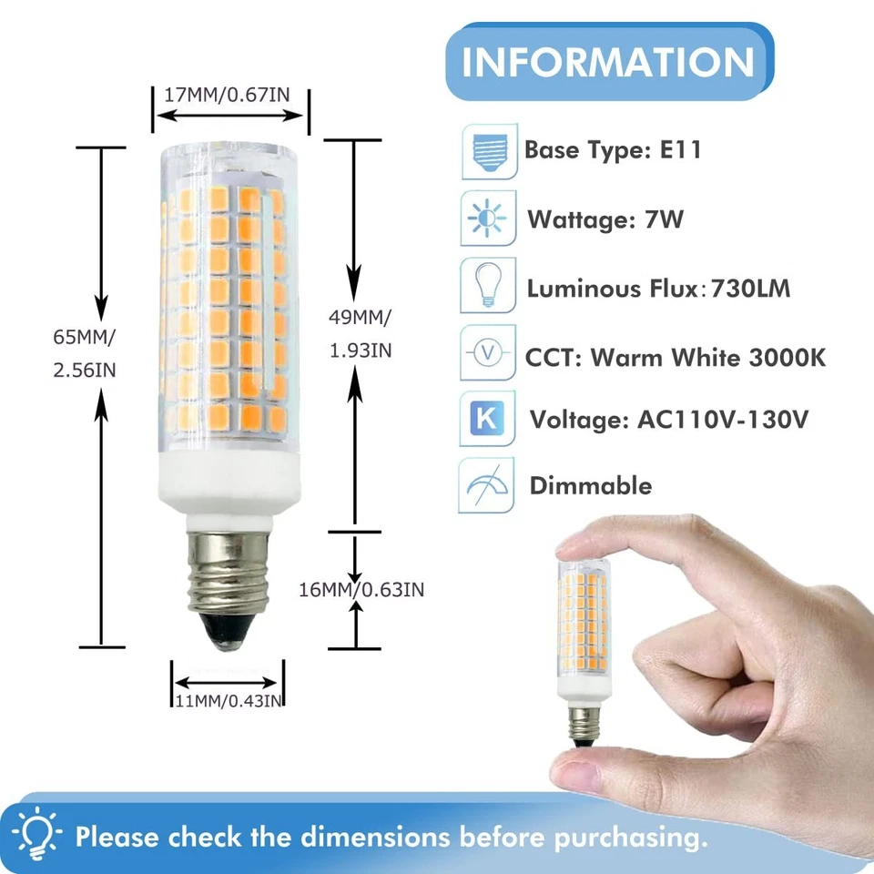 [Pack of 5] E11 LED Light Bulb 7W Dimmable Mini Candelabra Base 75W Halogen E... - Image 2 of 4