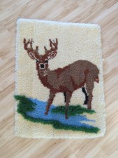 Vtg Deer Carpet Wall Art Rug High Pile Latch Hook 24x31" Complete Cabin Lodge