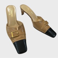 CHANEL Vintage Tan Black Leather Square Toe Mule Heels Size 38 1/2