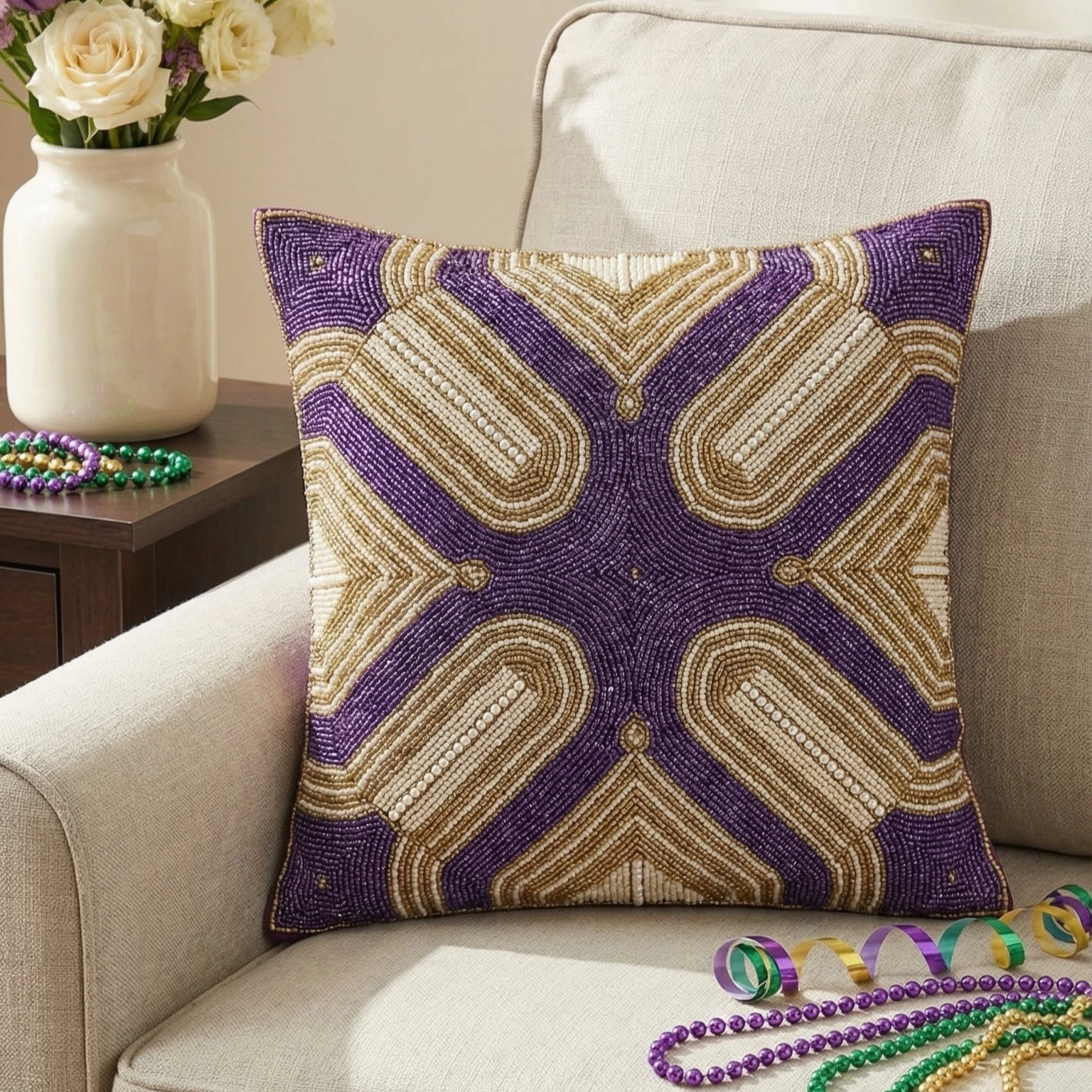 Mardi Gras Beaded Throw Pillow Cover - Luxury Geometric Cushion
Opens in a new window or tab