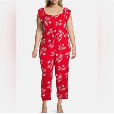 NWT St Johns Bay Red Jungle Leaf Cropped Jumpsuit Size 3X