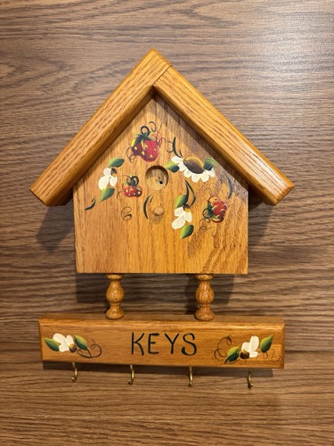 Vintage Wood Painted Strawberries House Shaped Key Holder Hooks MCM Cottage