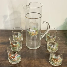 Vintage MCM West Virginia Glass Co. 7-Piece Set Hunting/Bird Dog Juice Glass Set