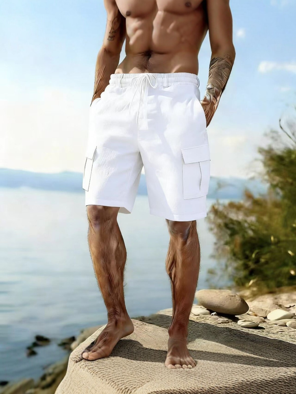 Pantalones Cortos Para Hombres Algodón Lino CARGO Cordón Sólido Cintura Elástica Informales Pantalones Cortos