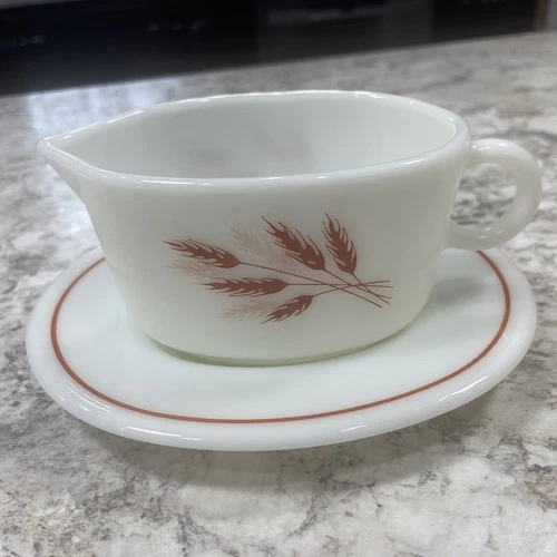 Vintage 1970's Pyrex Milk Glass Autumn Harvest Wheat Gravy Boat 77B & 77U Plate