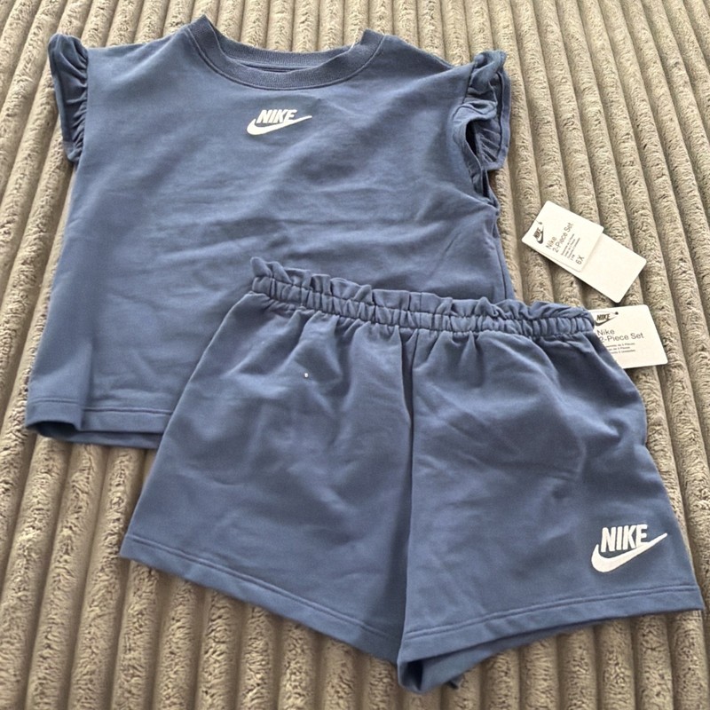 NWT Nike Girls Size 6X Blue Short Ruffle Set Cotton Blend Comfy & Cute