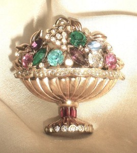 Coro A. Katz Pat. Pend Sterling Multicolor Rhinestone Flower Basket Brooch AS-IS