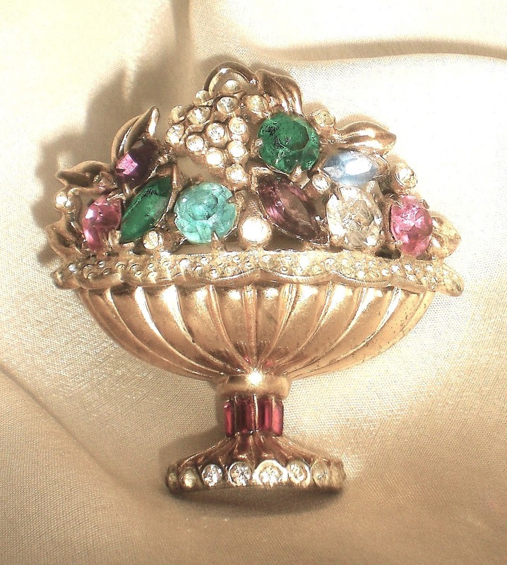 Coro A. Katz Pat. Pend Sterling Multicolor Rhinestone Flower Basket Brooch AS-IS