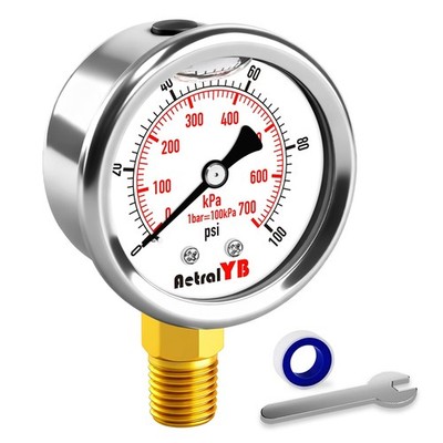 0-100 Psi 2-inch Pressure Gauge, Glycerin Filled, 1/4'' NPT Lower Mount, Stainles