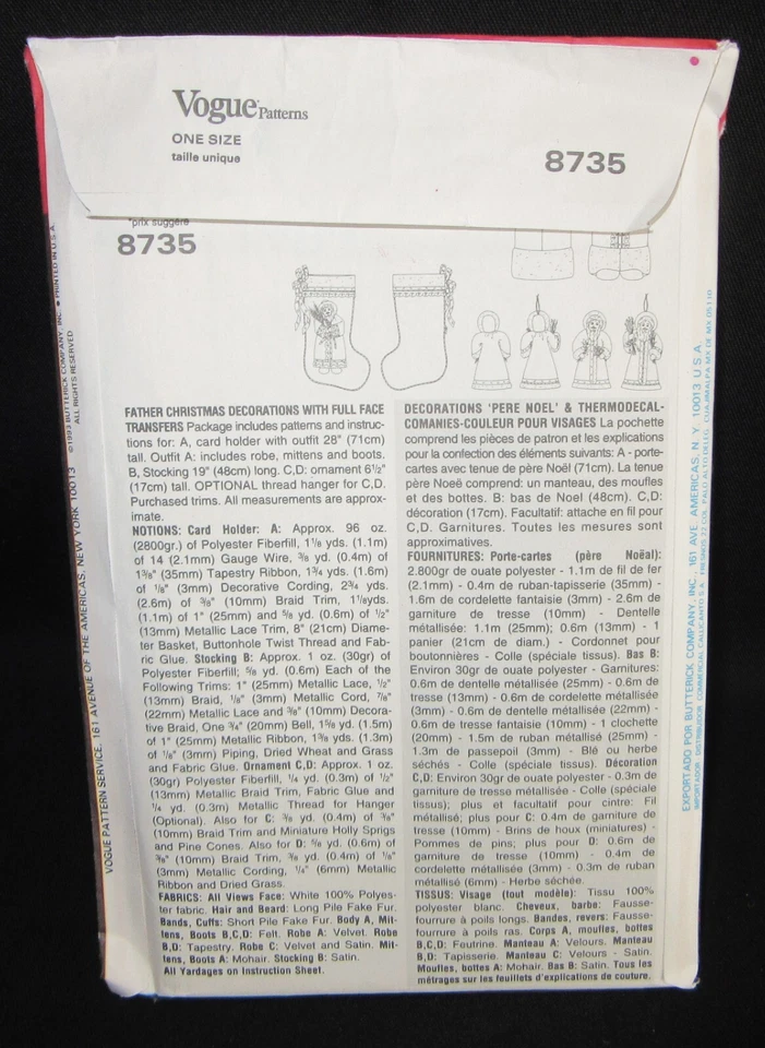 Vogue Craft Pattern 8735 Father Christmas Card Holder Stocking Linda Carr UNCUT - Image 4 of 4
