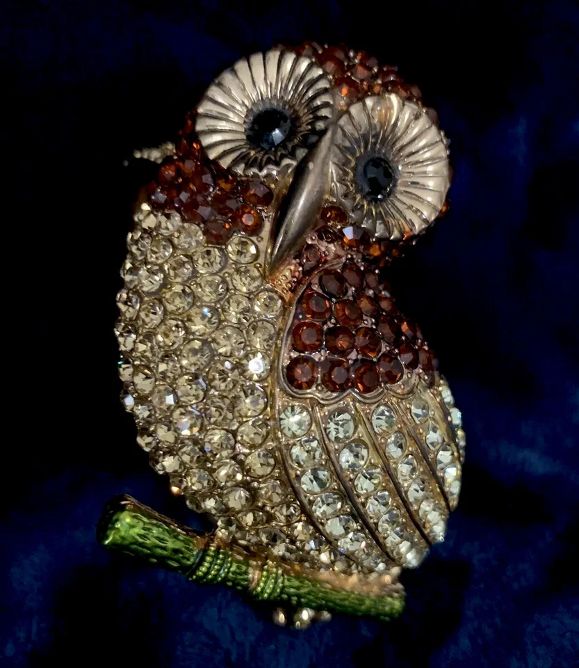 Statement Rhinestone Owl Bracelet Clamper Amber Topaz Color Cuff Hinged VTG - Image 3 of 4