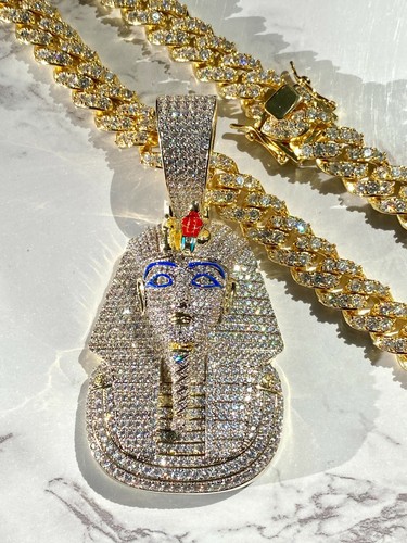 Men 14k Gold Fill Stamp Iced Egyptian King Tut Pharaoh Miami Cuben Chain Pendant - Picture 16 of 17